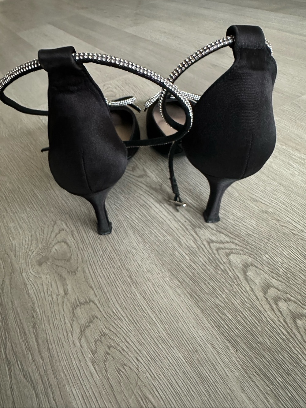 Black Pointed Toe Ankle Tie Flats with Crystal Bow - Picture 4 of 6